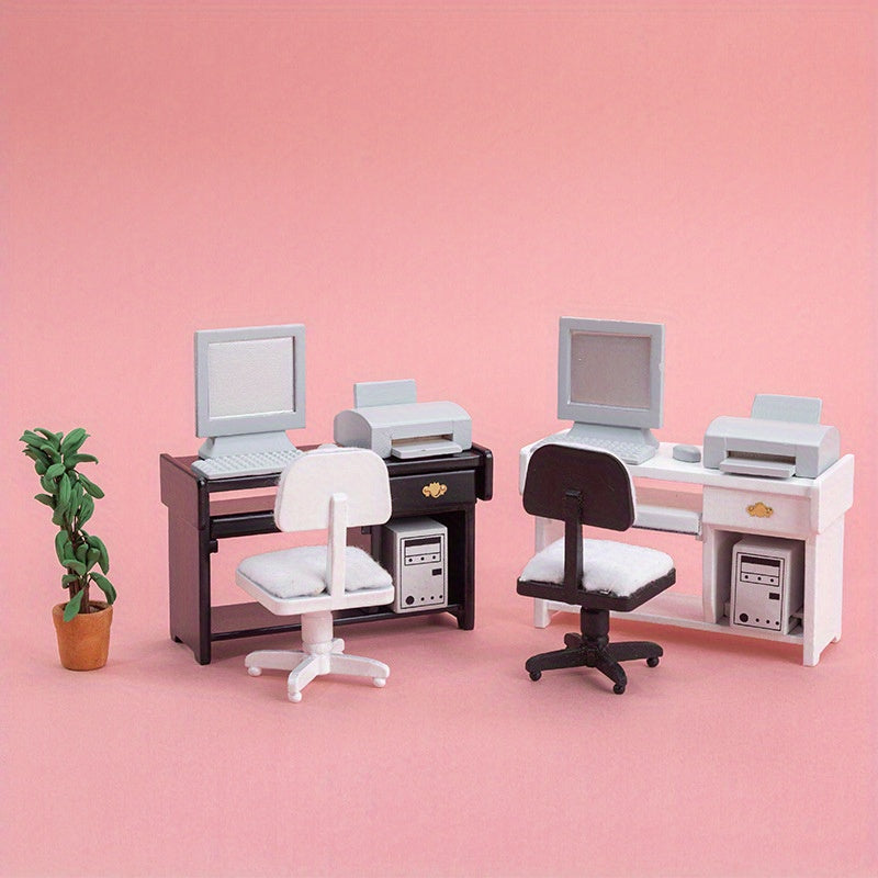 1:12 Dollhouse Computer Desk and Chair Set - Durable Accessories for Play