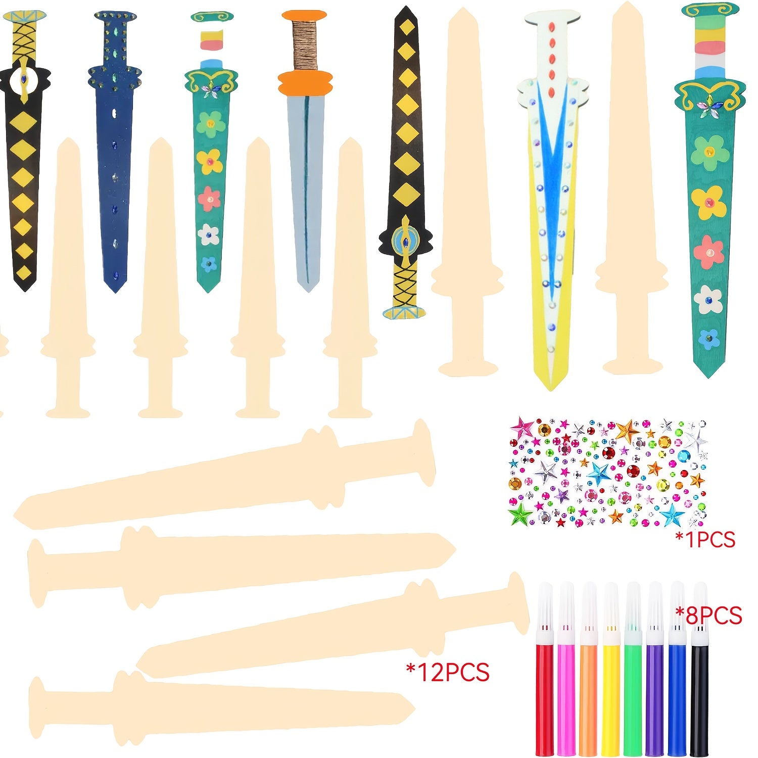 12pcs Unfinished Wooden Sword Set DIY Painting Wood Slice Pirate Swords