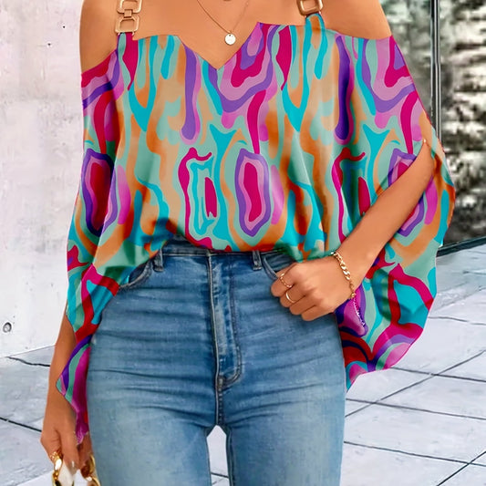 Cold Shoulder Long Sleeve Top Metal Decor