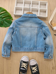 Girls Ripped Denim Jacket Button Down Long Sleeve Coat