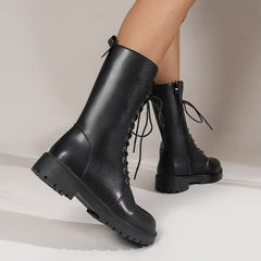 Women's Faux Leather Lace Up Platform Boots Mid Calf Side Zipper Boots