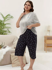 Women's Plus Cat Print Short Sleeve Top & Pants Home Wear Two Piece Set