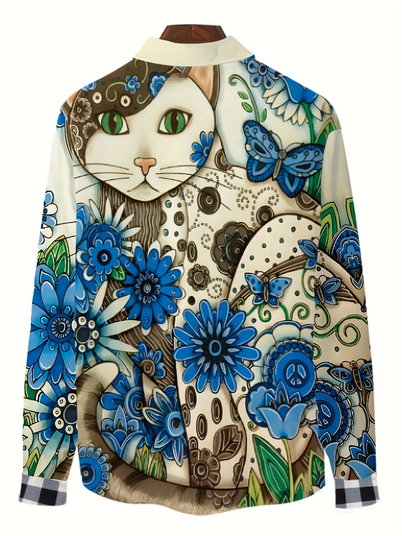 Cat & Flower Print Button Up Long Sleeve Shirt for Men