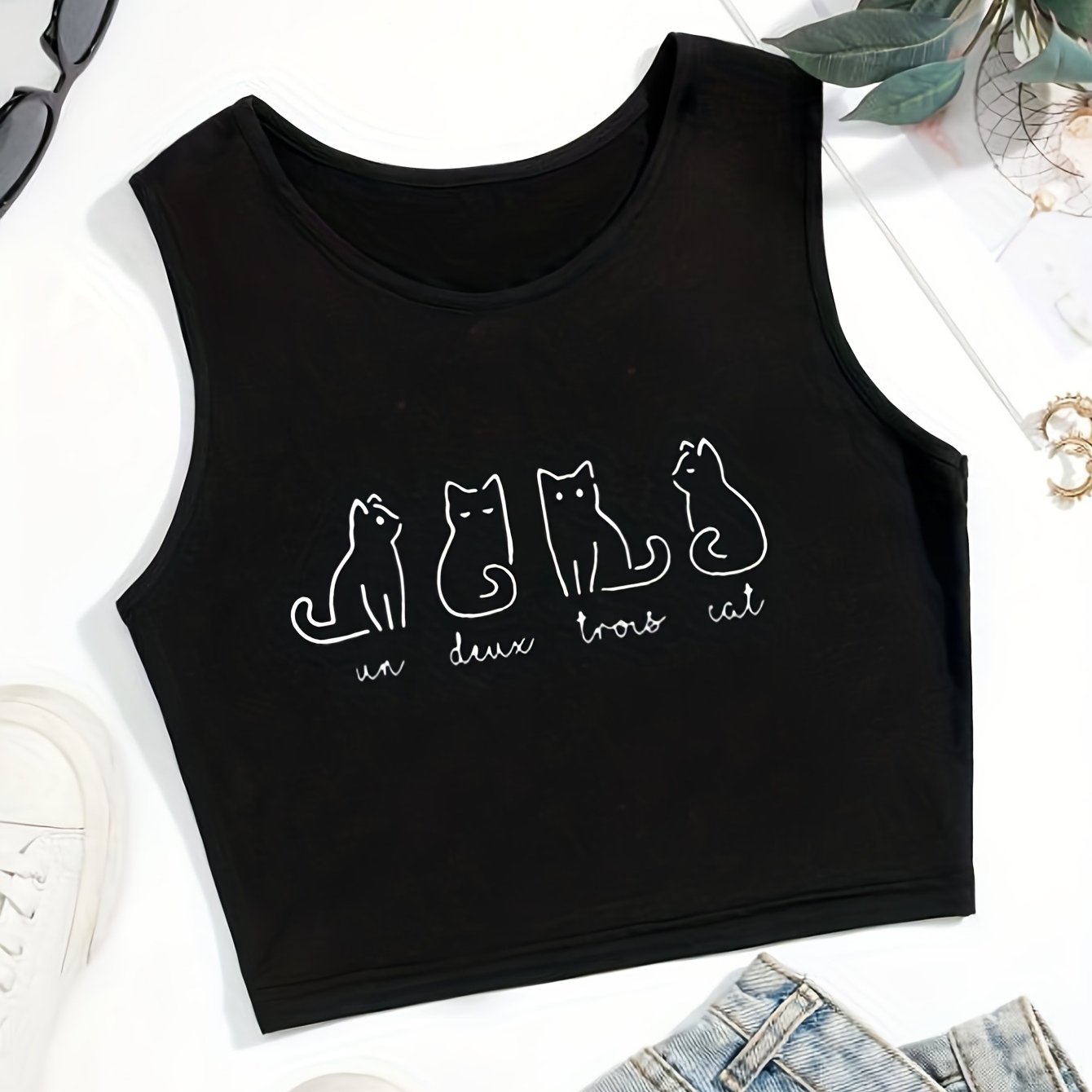 Cartoon Cat Print Crop Tank Top Sexy Summer Sleeveless Casual Top