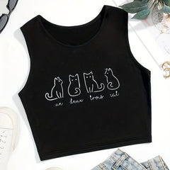 Cartoon Cat Print Crop Tank Top Sexy Summer Sleeveless Casual Top