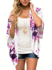 Floral Print Half Sleeve Open Front Cardigan