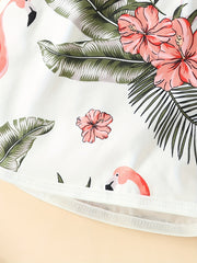 Toddler Baby Girls Playsuit Flamingo Print Elastic Waist Shorts Jumpsuit