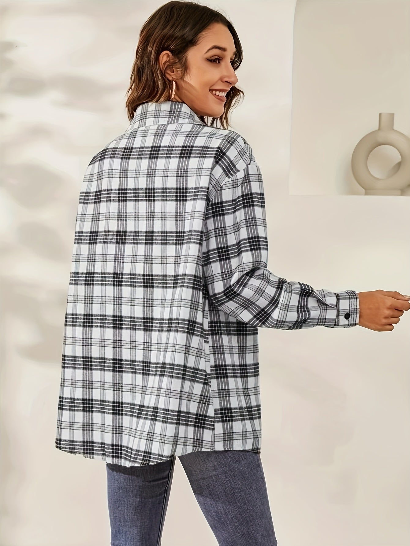 Plaid Print Button Up Long Sleeve Blouse