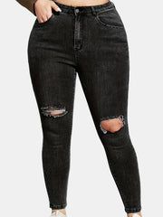 Solid Button Fly Ripped High Rise Skinny Jeans