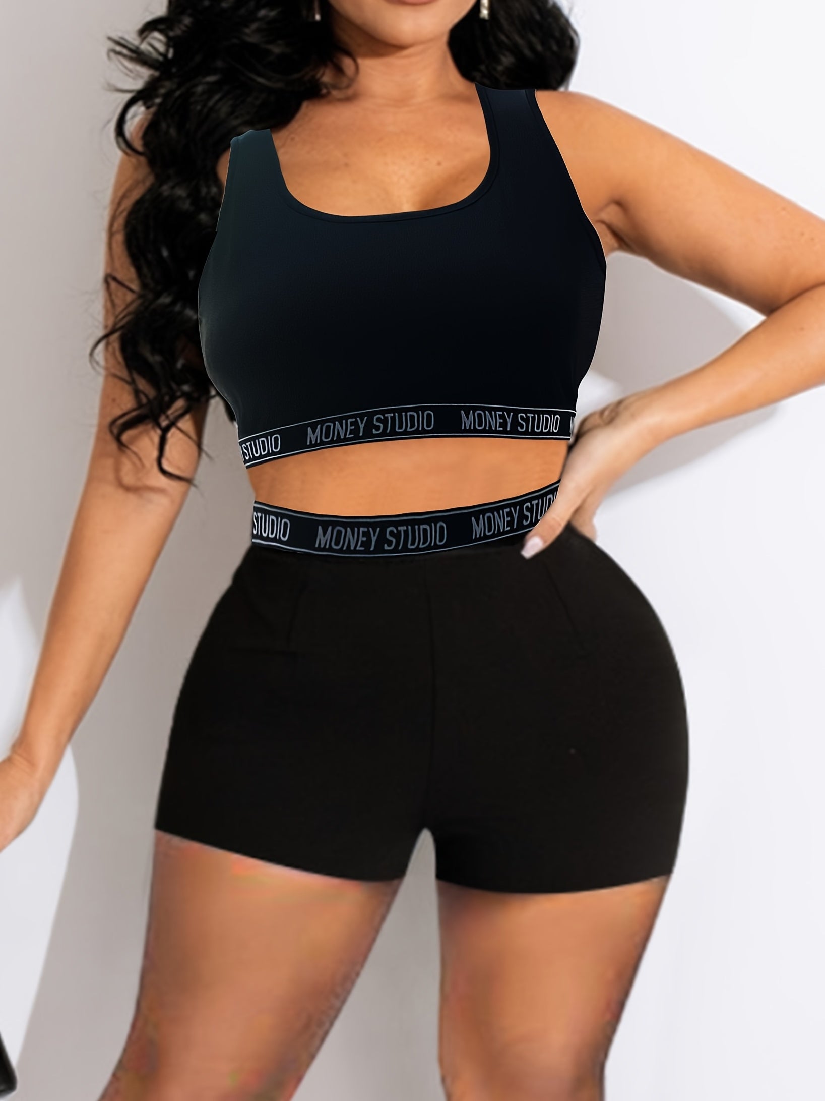 Letter Waistband Two-piece Set Sleeveless Crop Top & Shorts