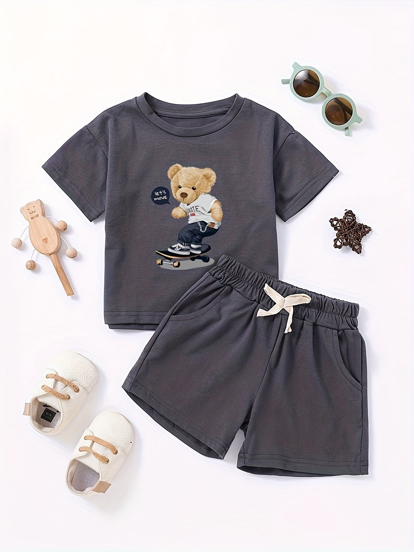 Boys Summer Bear Tracksuit Set Casual T-shirt and Shorts Kids Outfits