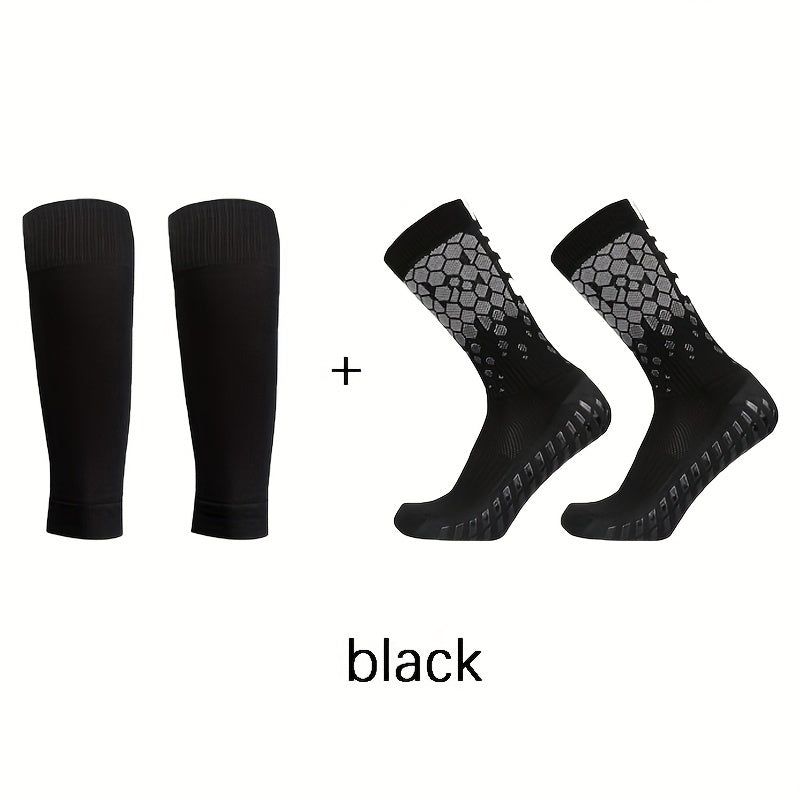 2 pairs Sports Non-slip Football Socks & Calf Sleeves Set