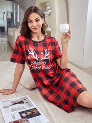 Plaid NightDress Short Sleeve Pajama Dress Women's Sleepwear