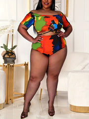 Colorful Painting Print Off Shoulder Swimsuit Set