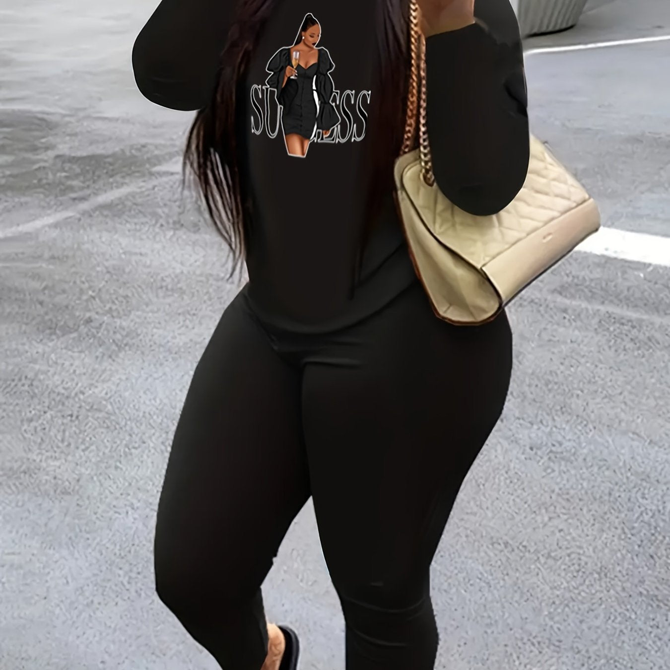 Cartoon Lady Print Top & Leggings Set