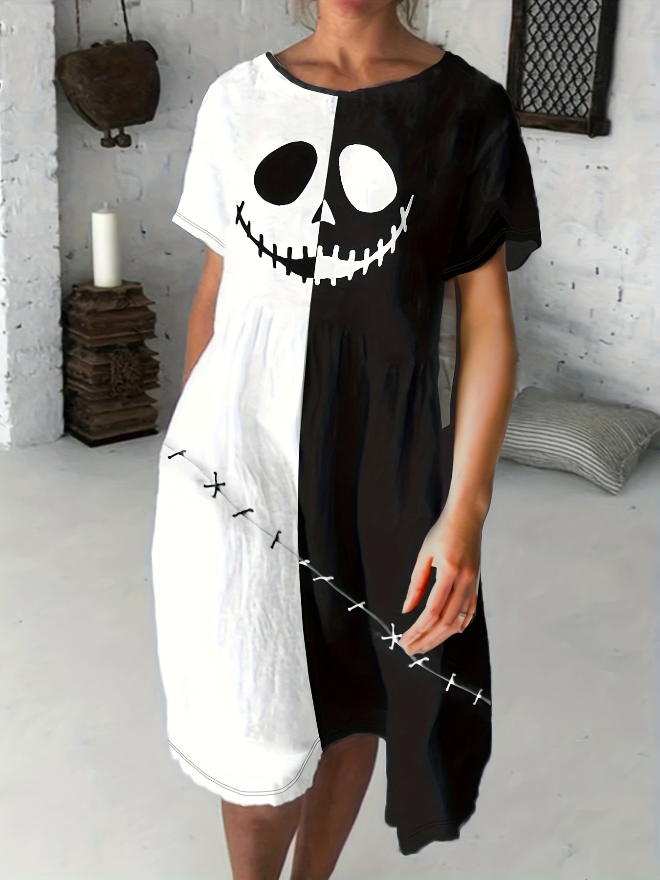 Halloween Dress Women's Plus Funny Face Print Maxi Dress