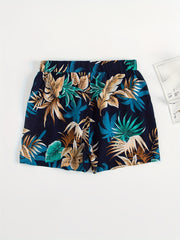 Girls Hawaiian Shorts Tropical Leaves Print Elastic Waist Beach Shorts