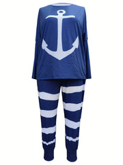 Women's Plus Anchor & Stripe Long Sleeve Tee & Joggers Set