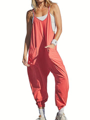 Solid Spaghetti Jumpsuit Vacation Sleeveless Zipper Jumpsuit