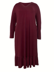 Solid Long Sleeve V Neck Ruffle Trim Maxi Dress With Pockets