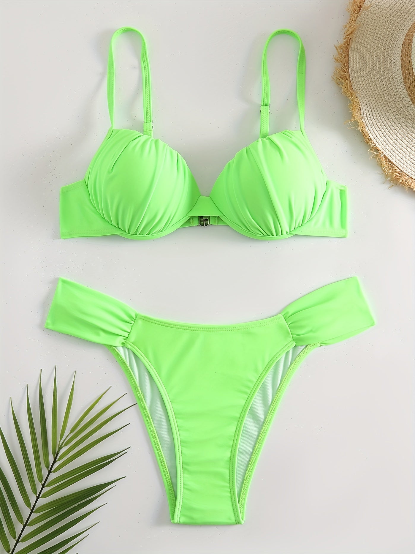 Green Ruched Bikini Sets V Neck Backless High Cut Beachwear 2 Pieces Swimsuit