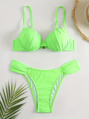 Green Ruched Bikini Sets V Neck Backless High Cut Beachwear 2 Pieces Swimsuit