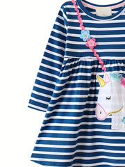 Preschool Girls' Unicorn Striped Long Sleeve Dress