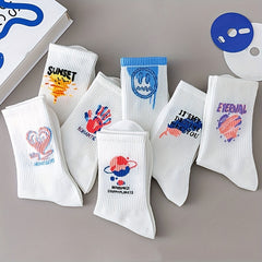 7 Pairs Cartoon Graffiti & Funny Mid Tube Socks Women's Stockings