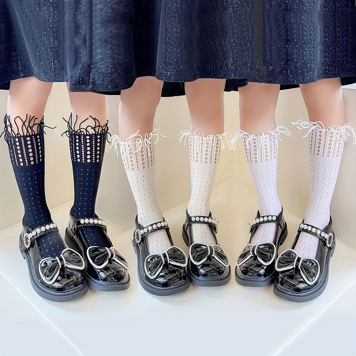 Girls Cotton Blend Knee High Stocking Tassel Lace Mid Tube Socks