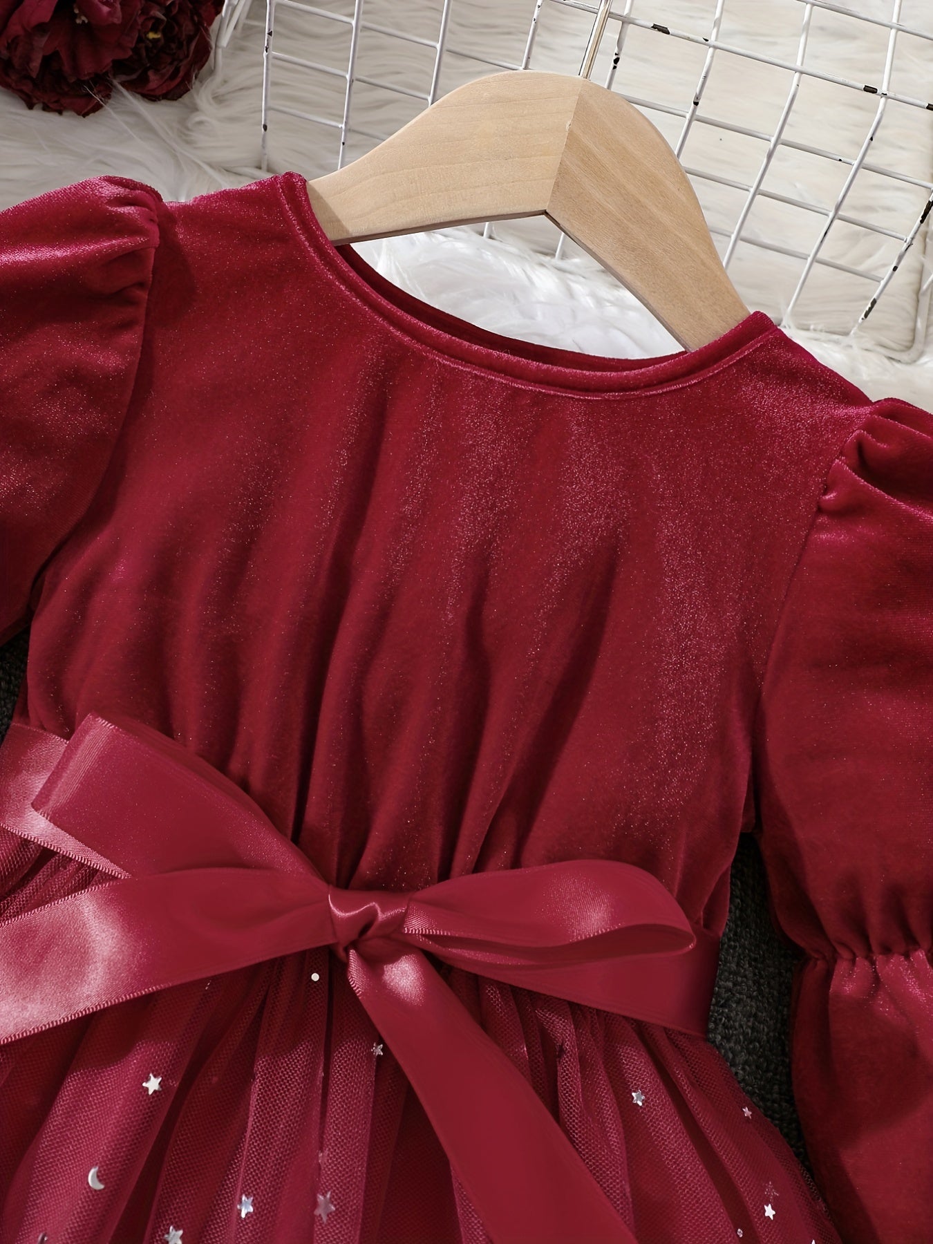 Girls' Christmas Velvet Princess Dress with Lace