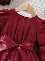 Girls' Christmas Velvet Princess Dress with Lace