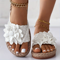 Women's Flower Flat Flip Flops Boho Style Braided Band Non Slip Slides