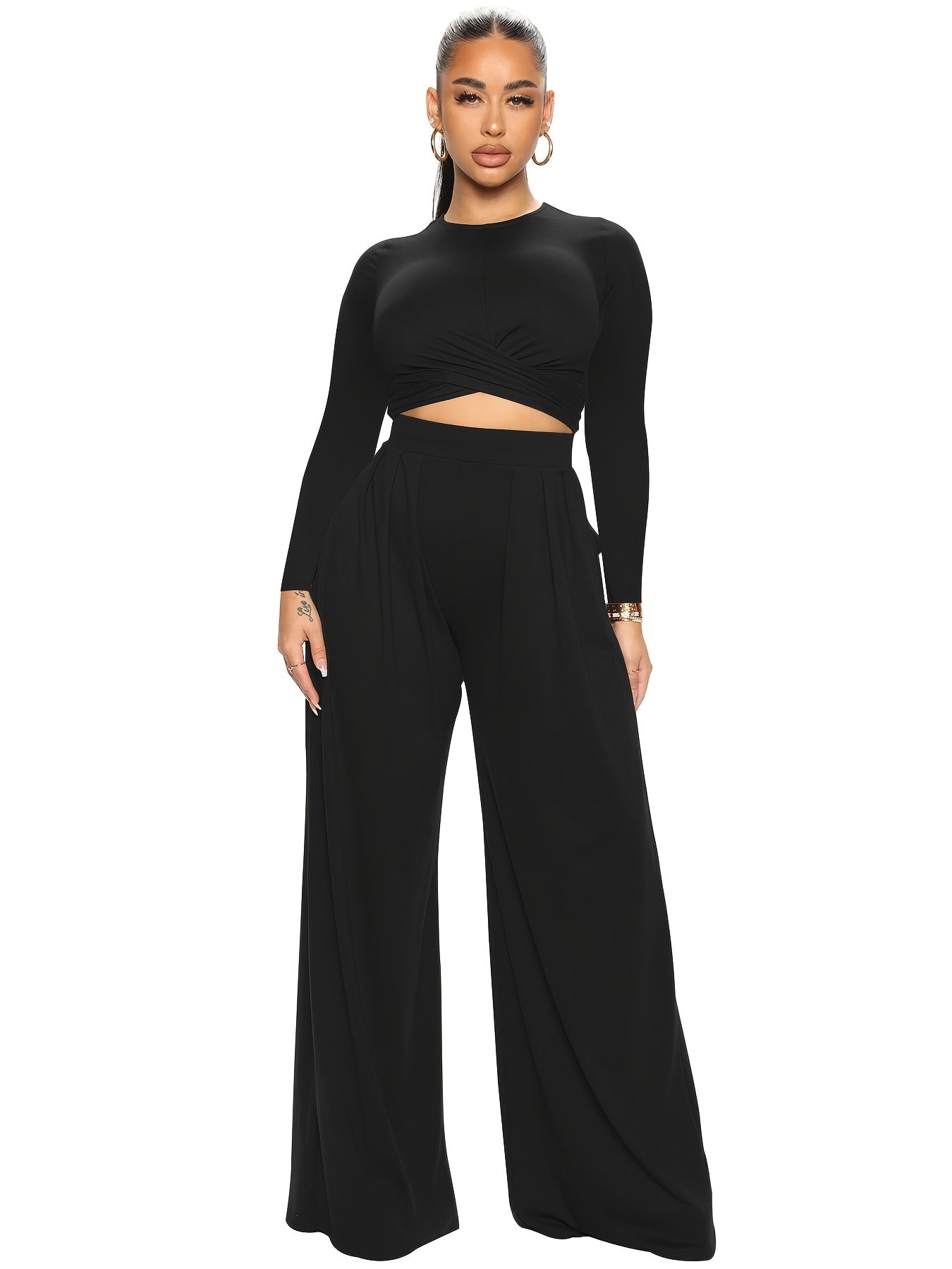 Solid Two Piece Set Crop Top & Wide Leg Pants Outfits Women's Clothing