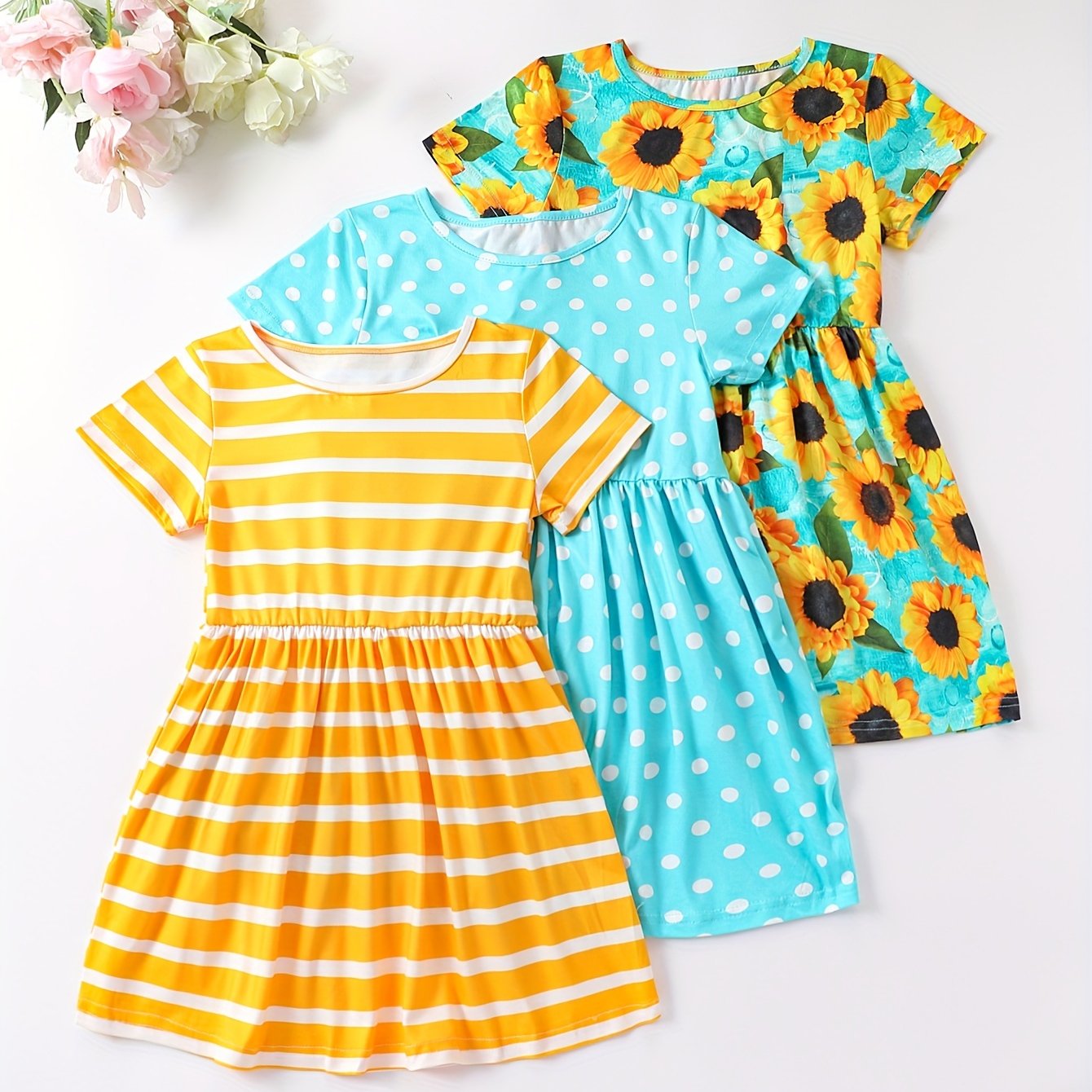 Girls Striped Sunflower Cartoon Print Flying Sleeve Dress