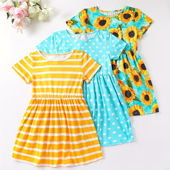 Girls Striped Sunflower Cartoon Print Flying Sleeve Dress