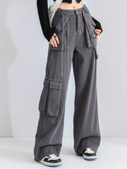 Grey Cargo Pants Loose Fit High Waist Straight Jeans