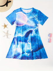 Girls 3D Unicorn Moon Graphic Short Sleeve Dress
