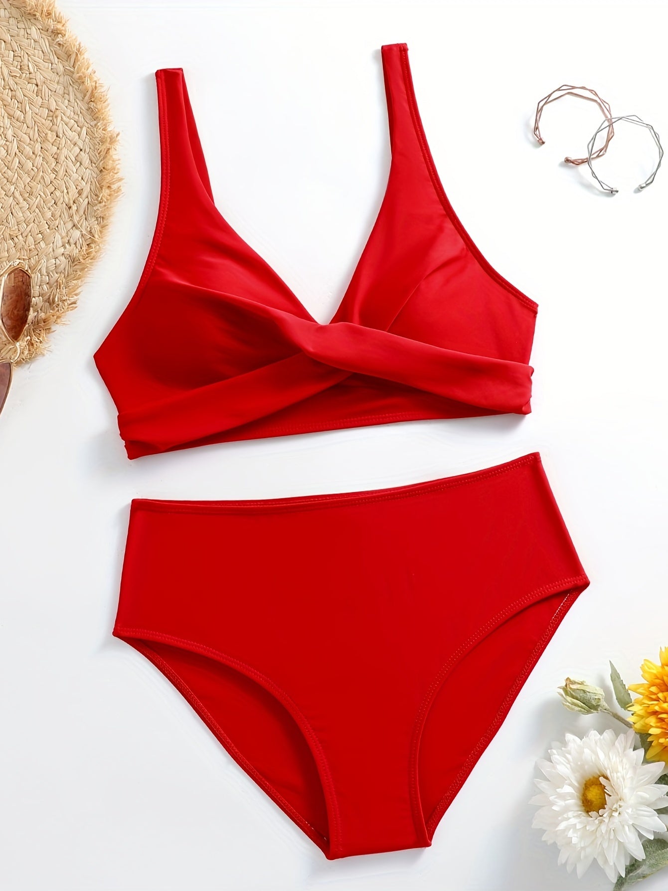 Green V Neck Bikini Set Ruched Back Buckle Backless High Cut Swimsuit