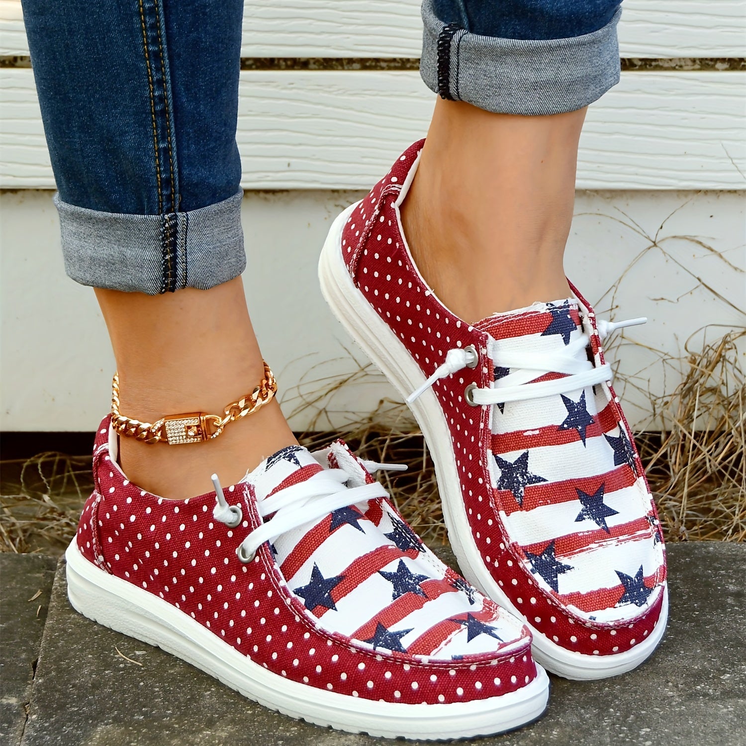 Polka Dot Canvas Shoes Star Pattern Low Top Lace Up Casual Shoes