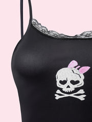 Skull Pattern Cami Top Halloween Lace Crew Neck Lingerie