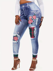 Denim Plaid Flower Print Leggings Medium Stretch