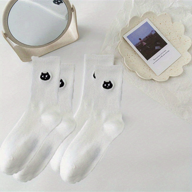 Cartoon Cat Print Socks 2 Pairs Women's Mid Tube Stockings Hosiery