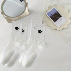 Cartoon Cat Print Socks 2 Pairs Women's Mid Tube Stockings Hosiery