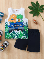 Boys Dino Driving Car Tank Top & Shorts Set