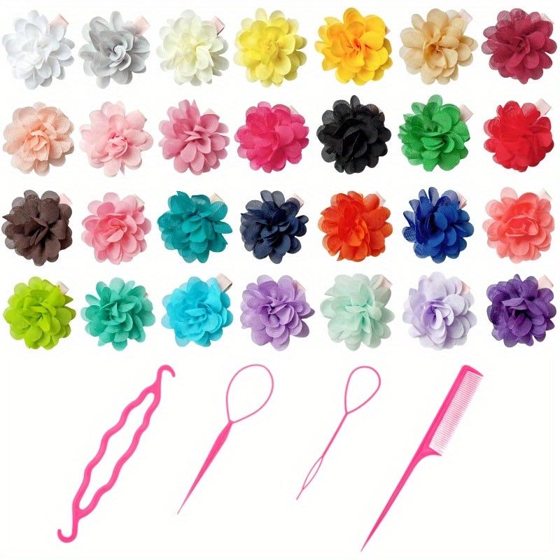 32pcs Colorful Flower Hair Clips & Hair Comb Accessories Set for Girls