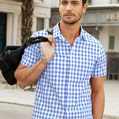 Men's Short Sleeve Plaid Shirt Button up Casual Small Plaid Regular Fit