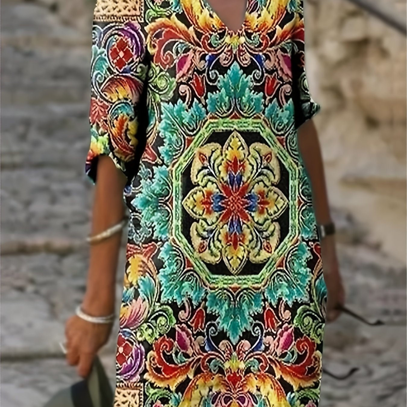 Boho Dress Women's Plus Tribal Print Notched Neck Medium S