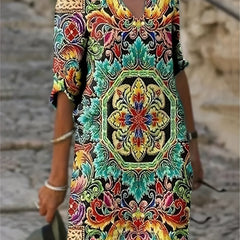Boho Dress Women's Plus Tribal Print Notched Neck Medium S
