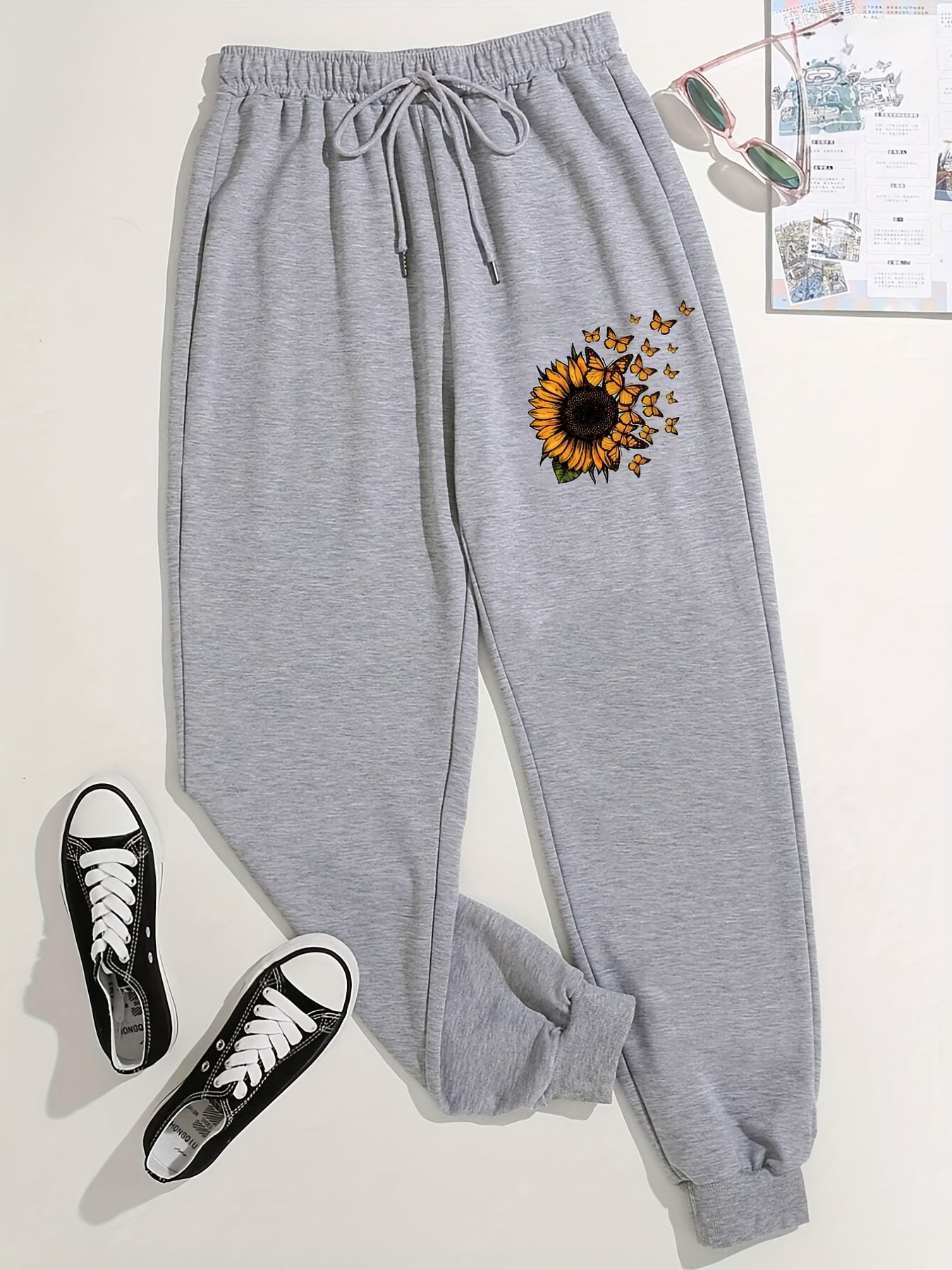 Floral & Butterfly Print Joggers Casual Drawstring Jogger For Spring & Fall