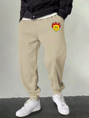 Men's Flame & Happy Face Graphic Sweatpants Casual Drawstring Loose Joggers